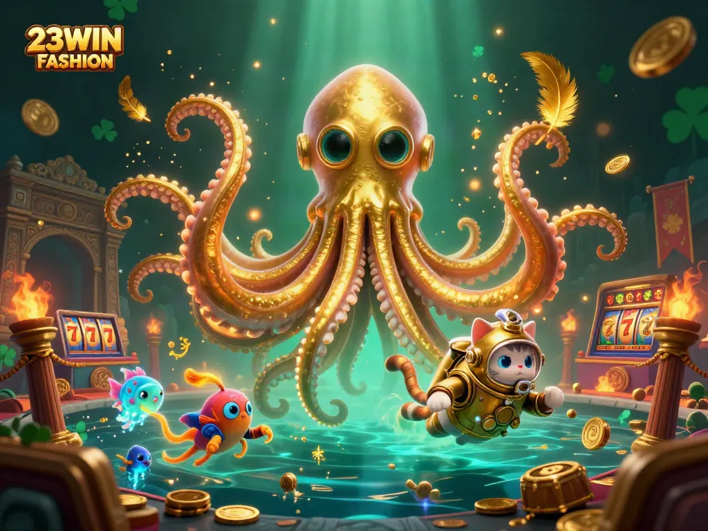 Engage with dynamic action in 23WIN FASHION featuring a kraken and diving cat in a thrilling casino scene.