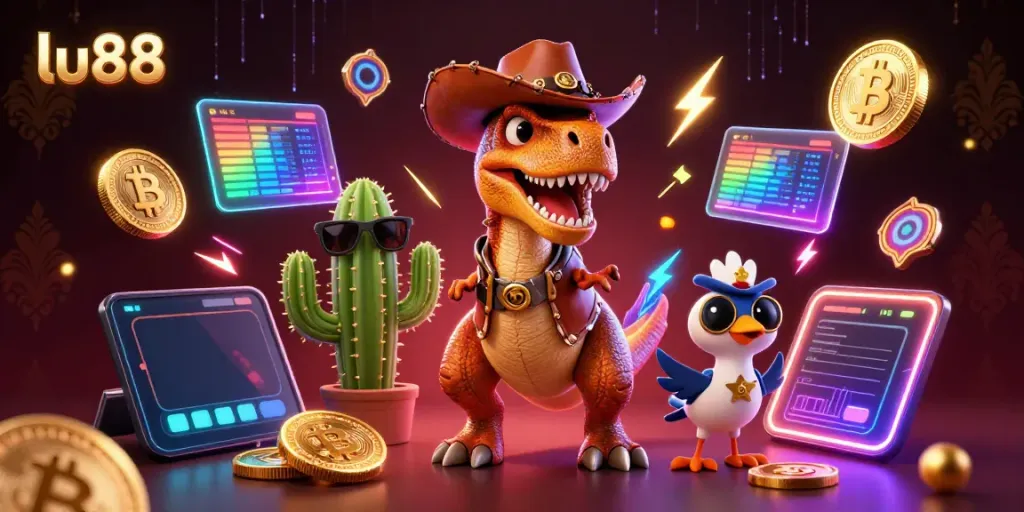 Engage in thrilling gameplay at lu88 with the cartoon dinosaur and friends amidst vibrant casino elements