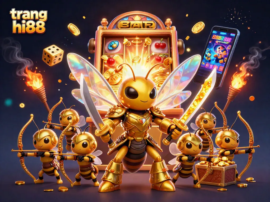 Experience excitement at trang hi88 with a dynamic 3D illustration of golden hornet warriors amidst a jackpot explosion.