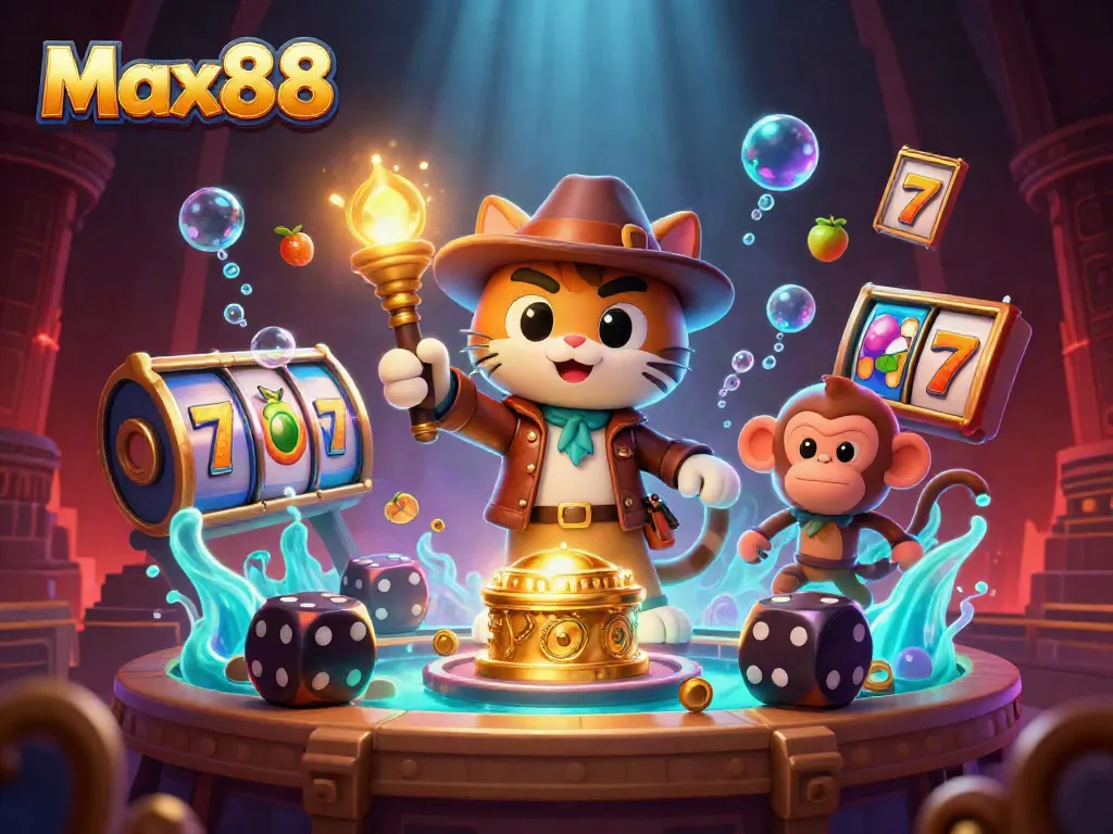 Experience thrilling betting at Max88 with a cartoon explorer cat discovering golden casino artifacts.