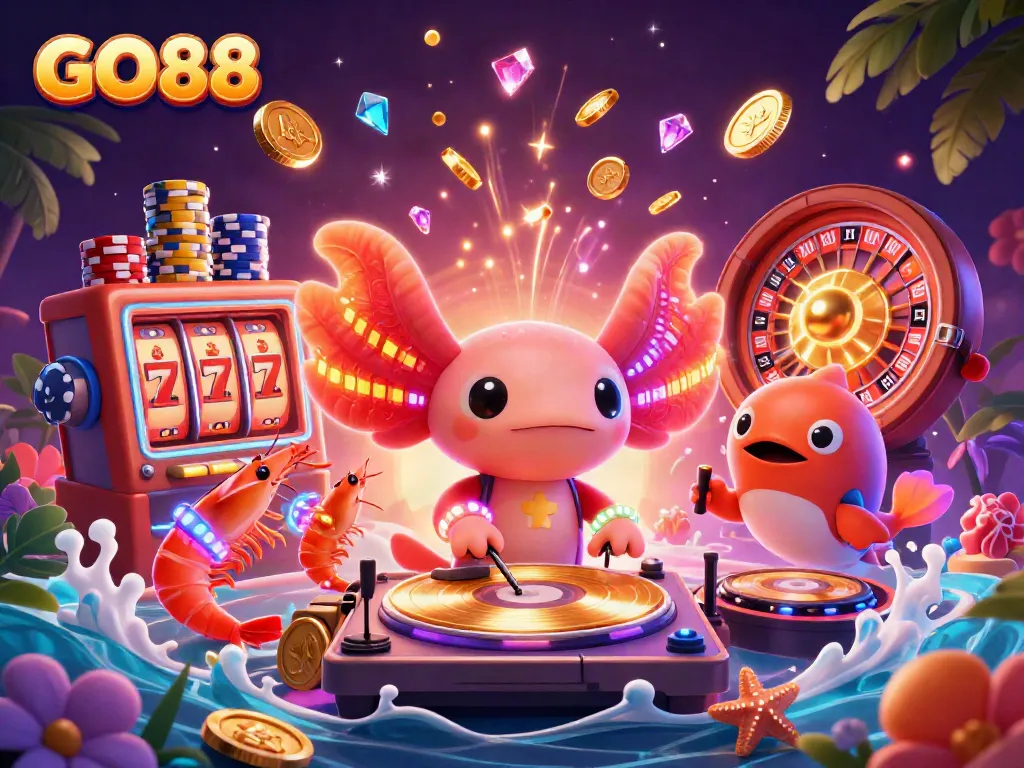 Engage with GO88's vibrant casino world filled with colorful characters, sparkling gems, and dynamic gaming elements.