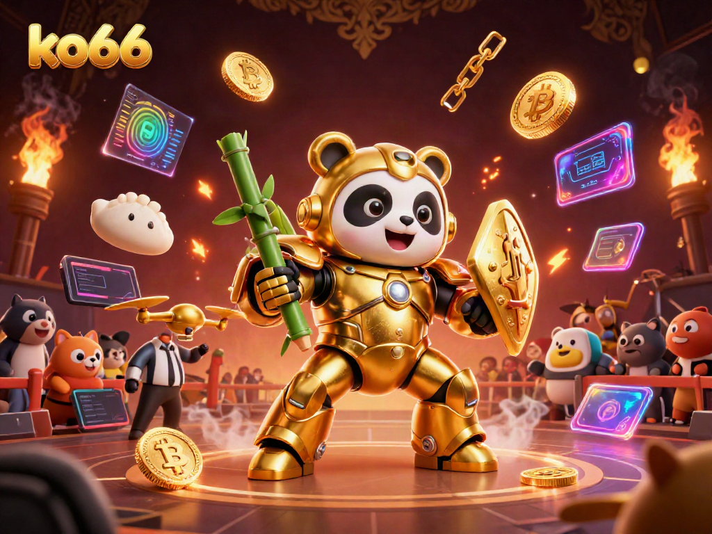 Experience the excitement of ko66 with a vibrant 3D casino arena illustration featuring a golden panda in a mech-suit.