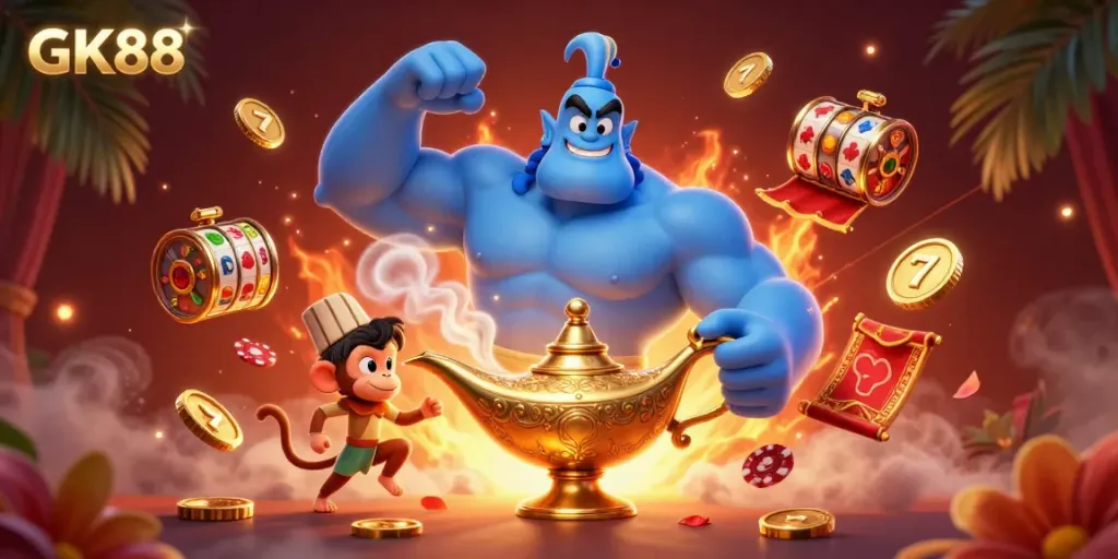 Experience GK88's thrilling casino vibes with a magical genie and vibrant poker elements in this dynamic illustration.
