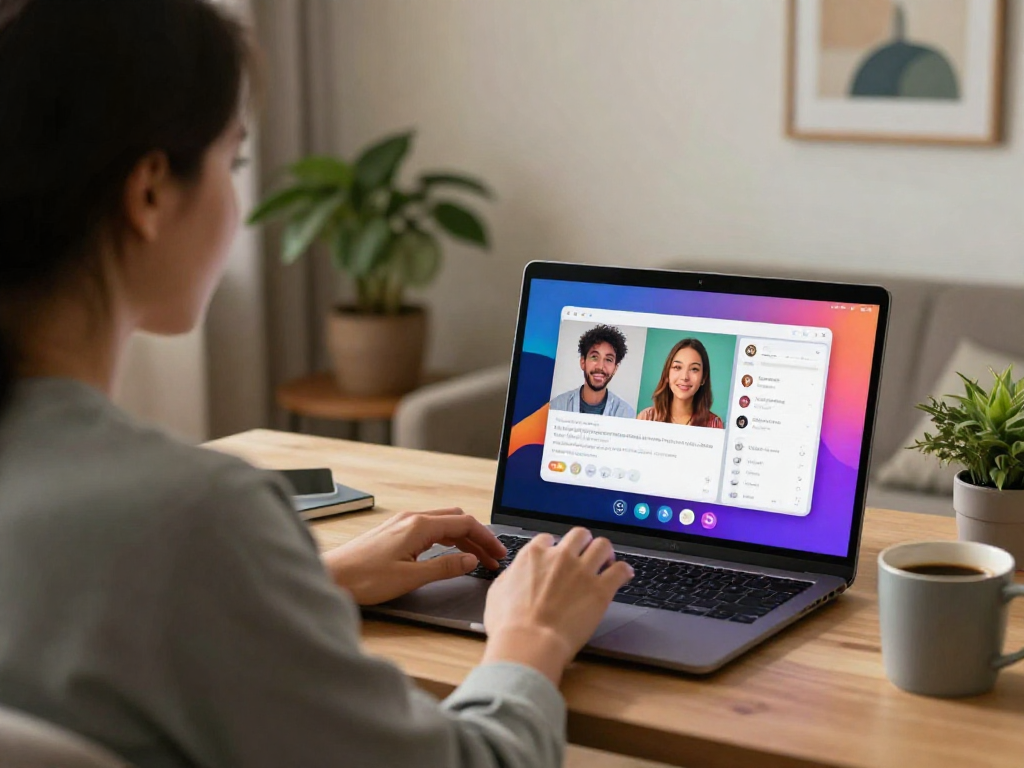 Engaging porn chat ai conversation on a sleek laptop in a cozy setting.