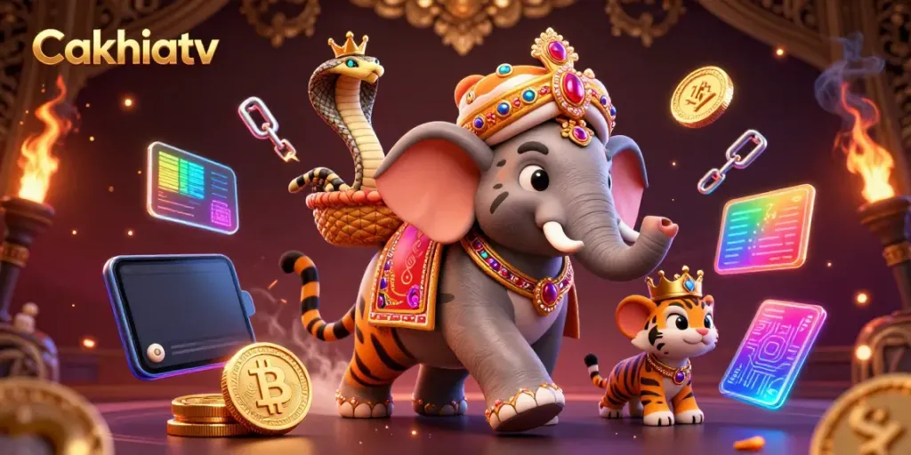 Experience thrilling moments with Cakhiatv as the maharaja tiger and jewel-encrusted elephant unite in a dynamic gaming scene.