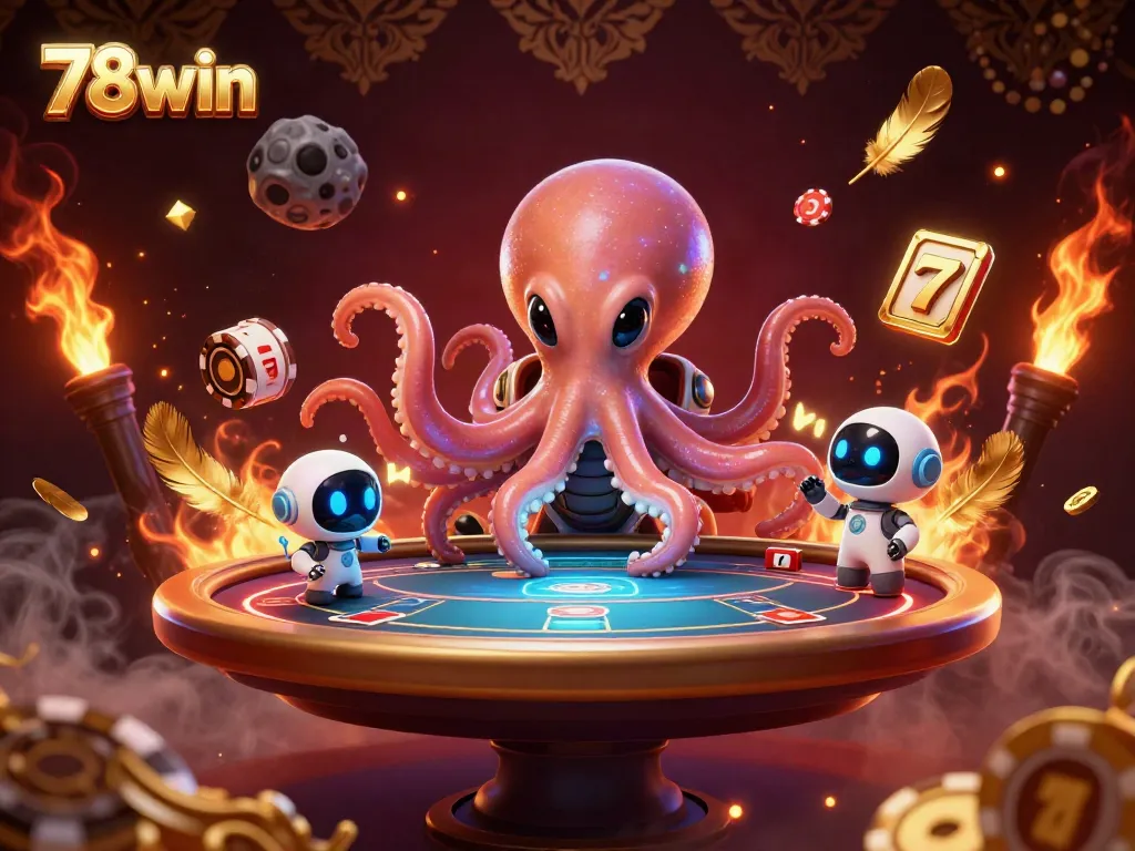 Engage with thrilling casino gameplay at 78win amidst vibrant alien elements and a holographic poker table.