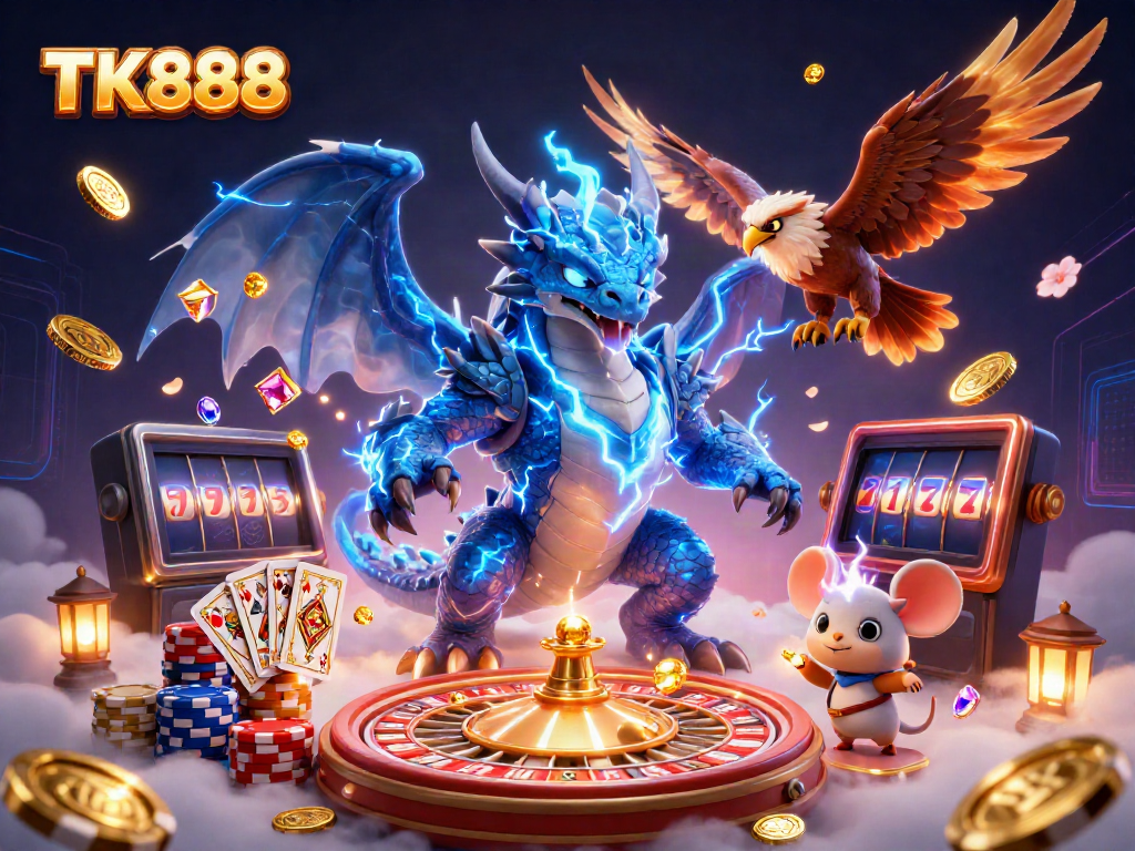 Engage with electrifying TK888 casino gaming featuring a thunder dragon and vibrant game elements.