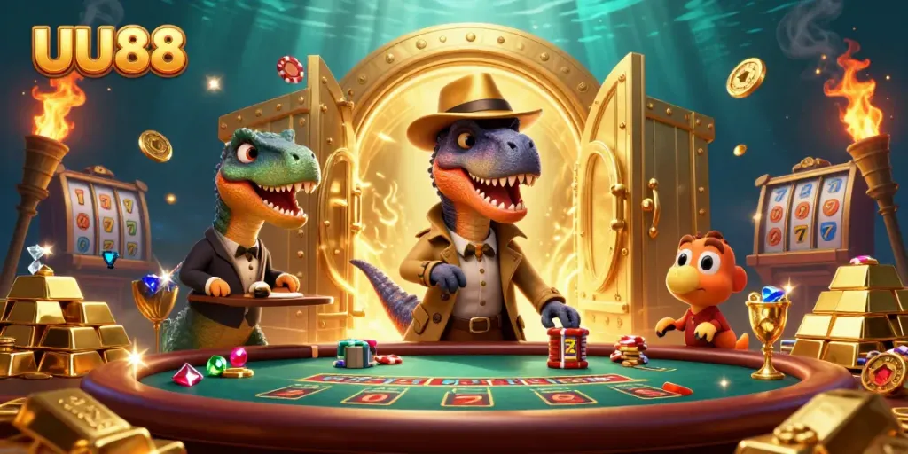Spin and win with UU88 at a vibrant blackjack table, featuring animated cartoon dinosaurs.