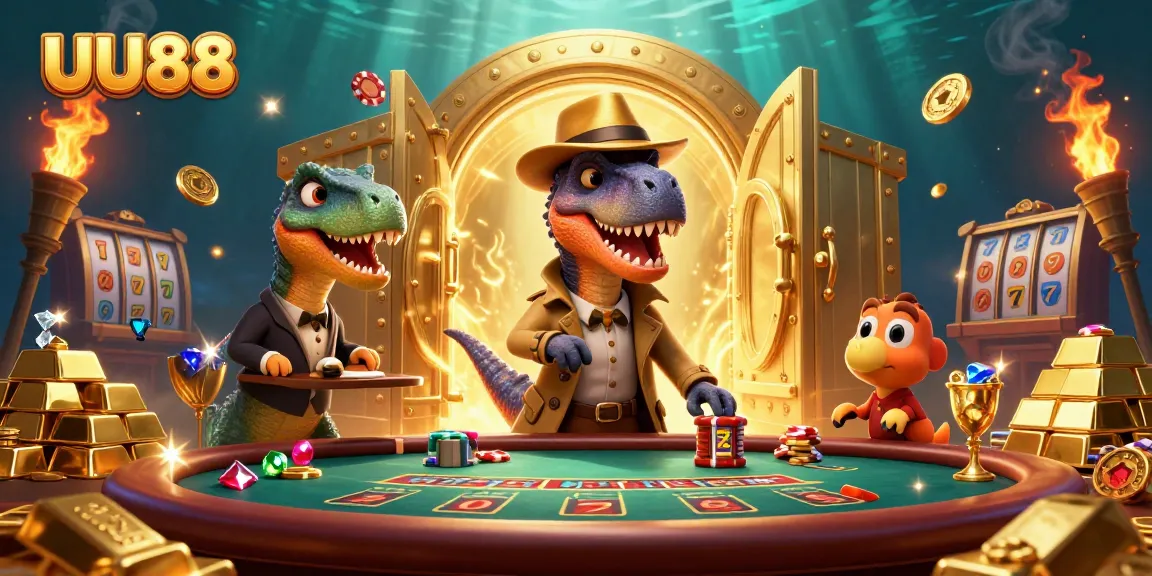 Spin and win with UU88 at a vibrant blackjack table, featuring animated cartoon dinosaurs.