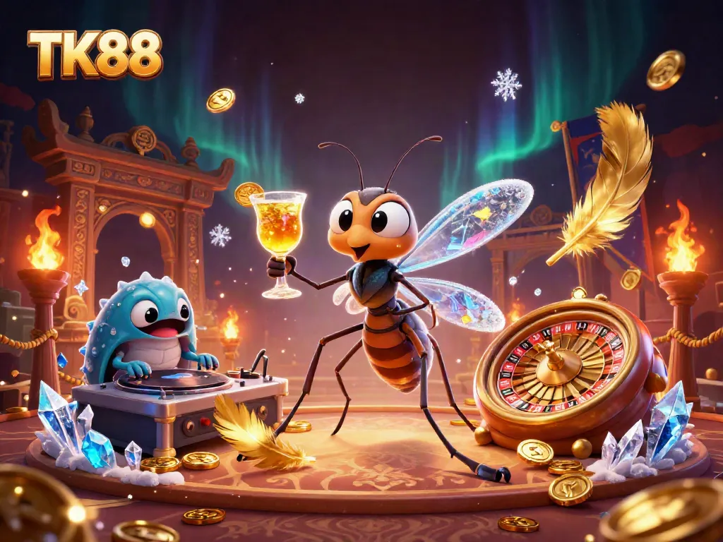 Engage with TK88's vibrant casino themed 3D illustration featuring a life-like mosquito mascot and engaging game elements.