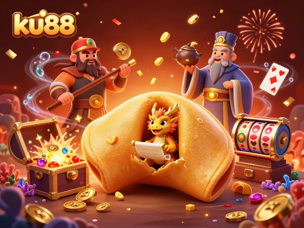 Bet on ku88 with a whimsical illustration of fortune cookies, gold coins, and casino elements.