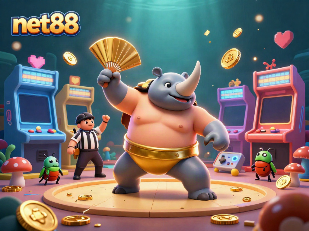 Watch the net88 beetle champion stomp coins in this vibrant online casino illustration.