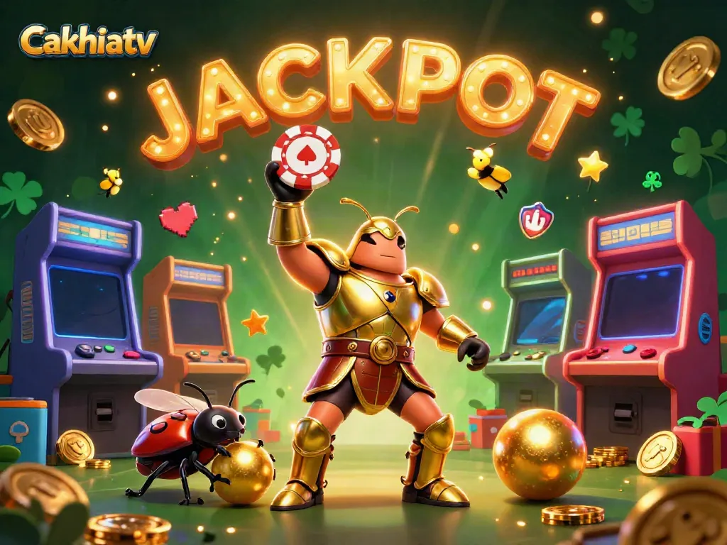 Cakhiatv presents a vibrant 3D scene with a golden-armored beetle lifting a poker chip amidst casino-themed elements.