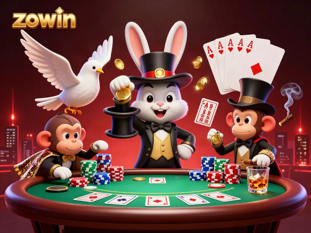 Zowin captures the thrilling casino atmosphere with a dynamic scene of a magician rabbit, a dove, and a monkey in action.