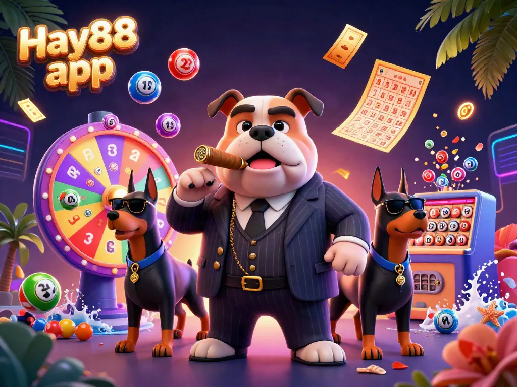 Engage with the Hay88 app, featuring the mafia bulldog and vibrant casino elements in a dynamic scene.