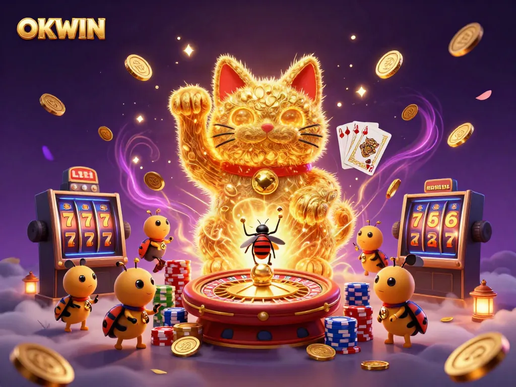 Engage with OKWIN's dynamic casino universe filled with vibrant symbols, fireflies, and gaming elements.