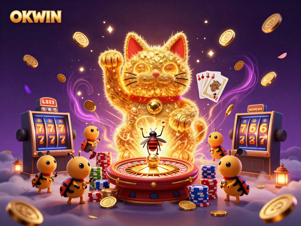 Engage with OKWIN's dynamic casino universe filled with vibrant symbols, fireflies, and gaming elements.