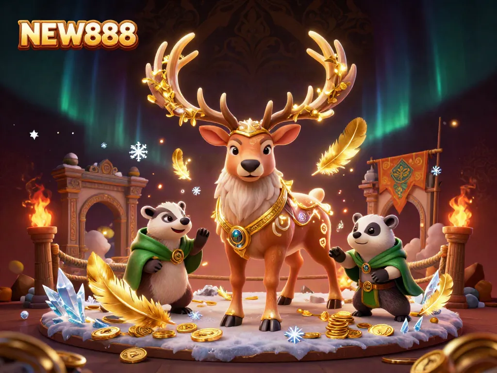 Experience the magical gaming scene of NEW888 with vibrant casino elements swirling around characters.