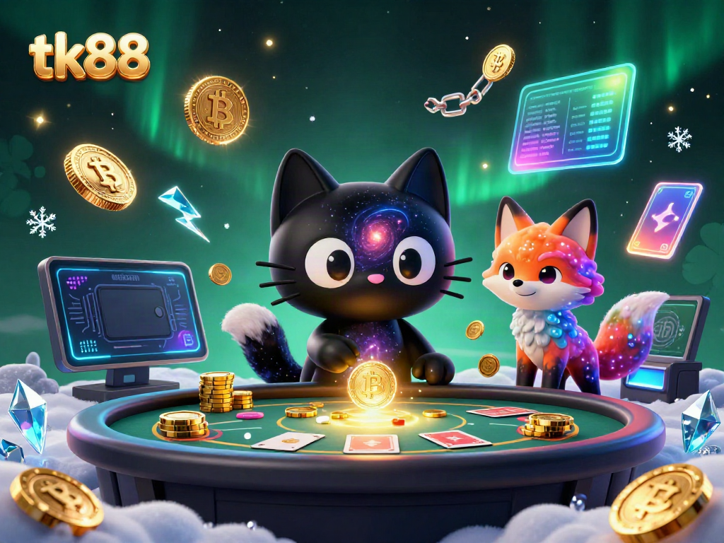 tk88 showcases a cosmic casino table with a black hole cat and colorful fox pulling in golden chips.