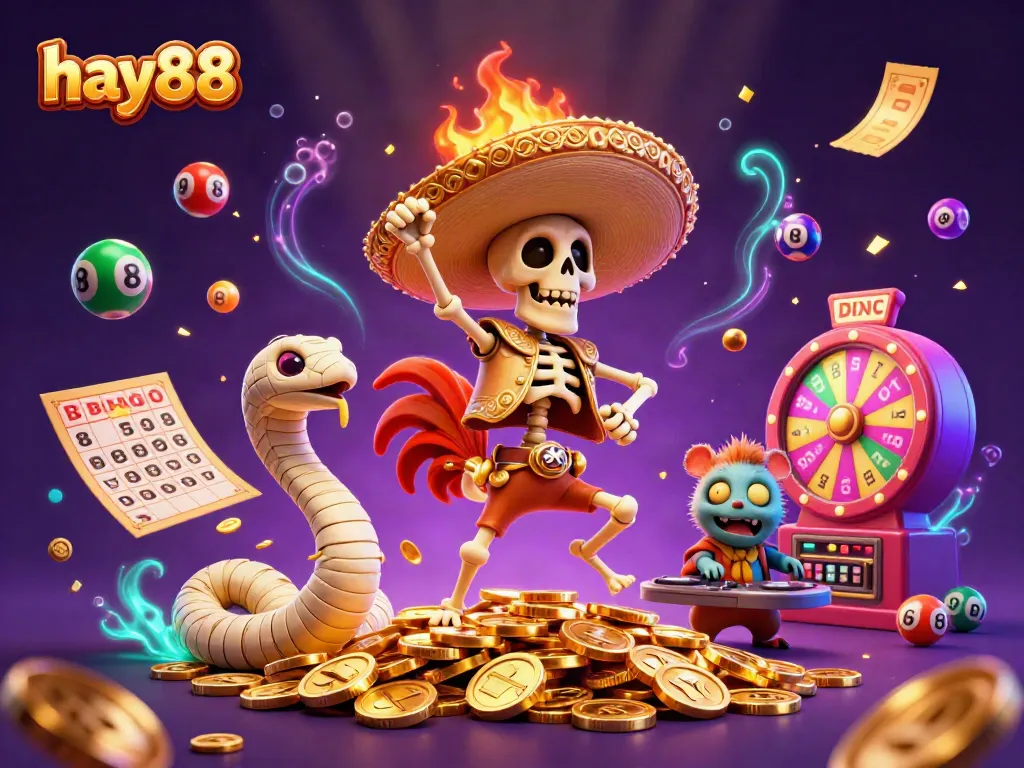Experience the excitement of hay88 with a jubilant victory dance among golden coins in this vibrant casino scene.