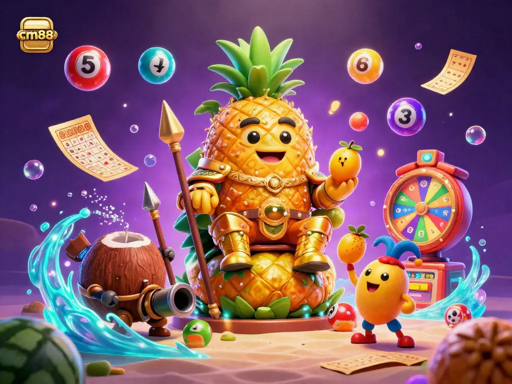 Experience thrills with cm88 as the pineapple king, jesters, and vibrant lottery elements showcase fun casino vibes.