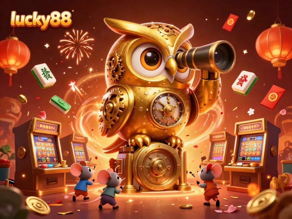 Experience the excitement of lucky88 with a golden owl overlooking a bustling casino scene filled with vibrant game elements.