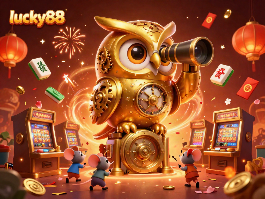 Experience the excitement of lucky88 with a golden owl overlooking a bustling casino scene filled with vibrant game elements.