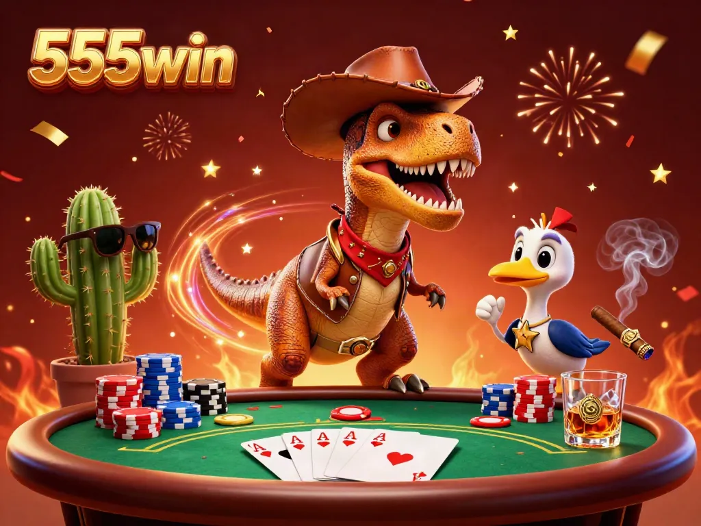 Engage in thrilling poker rounds with 555win as a cowboy dinosaur and friends celebrate wins.