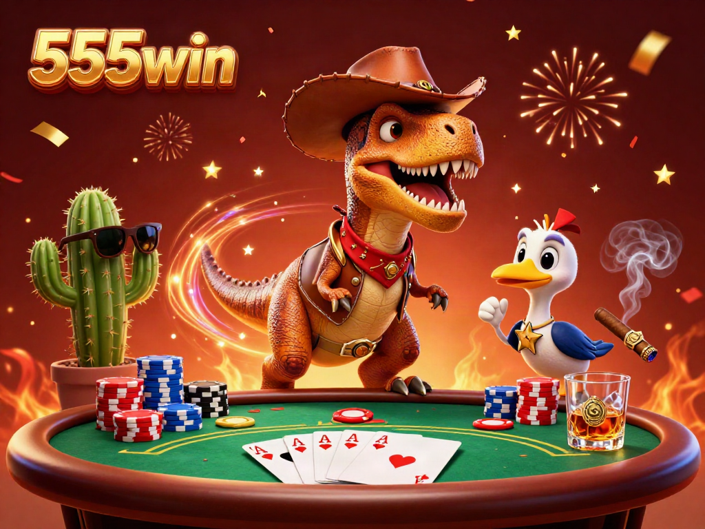 Engage in thrilling poker rounds with 555win as a cowboy dinosaur and friends celebrate wins.