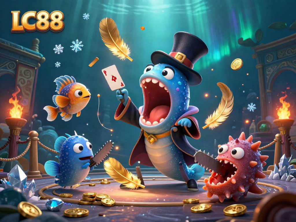 Engage with LC88 as an animated eel performs mesmerizing card tricks in an underwater casino scene.