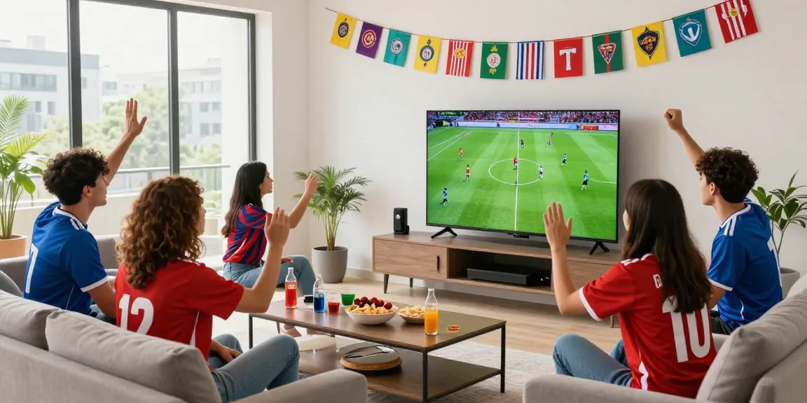 Friends enjoying a match on TV, celebrating soccer with cakhiatv content.