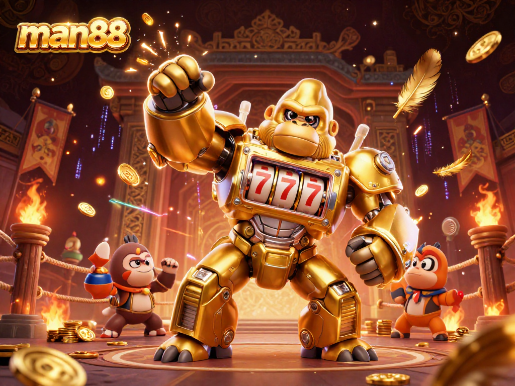 Experience the excitement of man88 with our unique gold gorilla mech amidst dazzling coins and dramatic effects.