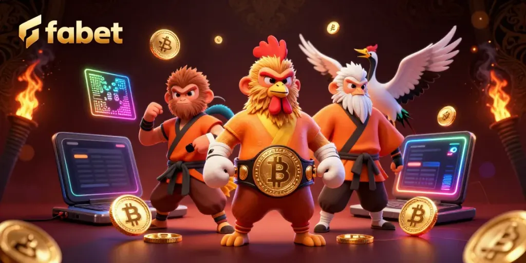 Experience vibrant gambling with fabet featuring cartoony Muay Thai rooster and Shaolin monkey surrounded by crypto elements.