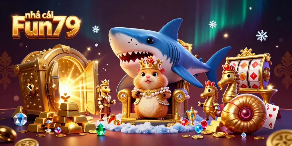 Experience the thrill at nhà cái Fun79 with our vibrant casino-themed illustration featuring a brave hamster king and treasures.