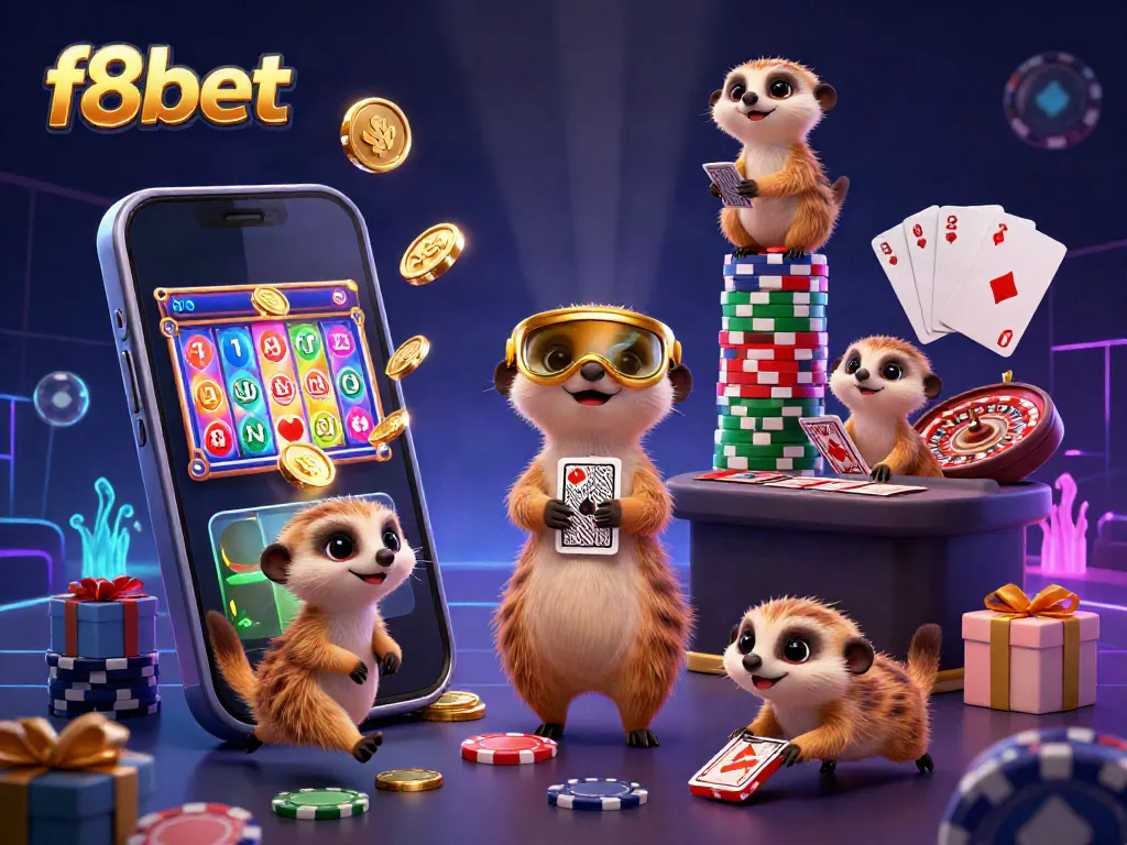 Experience the vibrant energy of f8bet with meerkats running a lively casino operation filled with games and excitement.