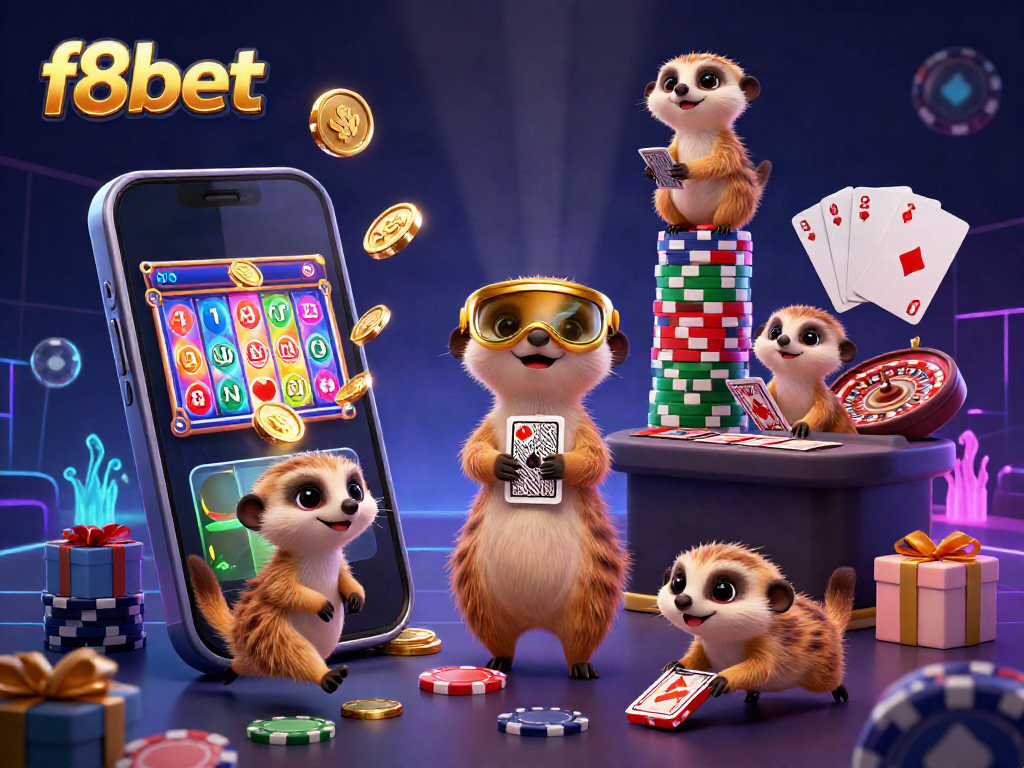 Experience the vibrant energy of f8bet with meerkats running a lively casino operation filled with games and excitement.