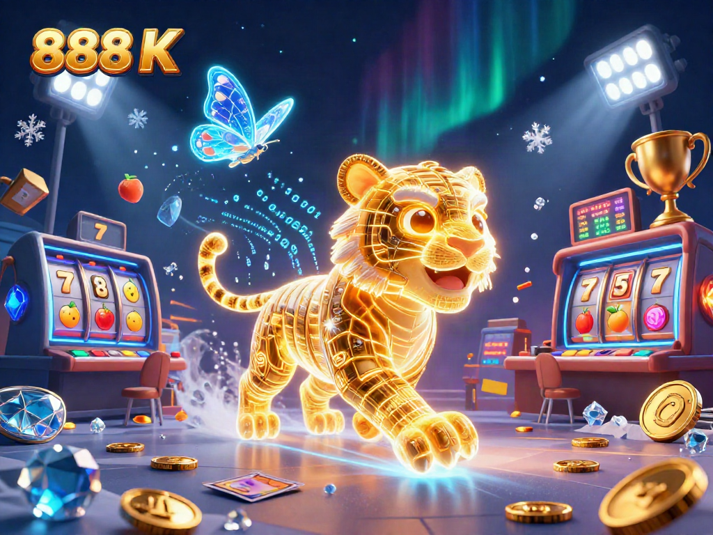 Engage with the thrilling energy of 888 K in this vibrant digital casino scene with neon visuals.