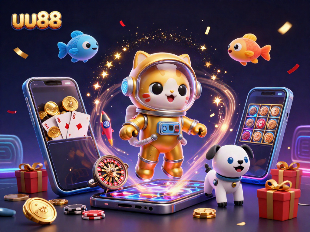 Experience dynamic gaming action with uu88 as a cartoon astronaut cat and robot companion in a vibrant casino-themed scene.