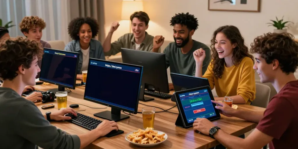 Diverse friends enjoying online betting at https://zbet.cymru/ in a cozy living room, celebrating wins with lively atmosphere.