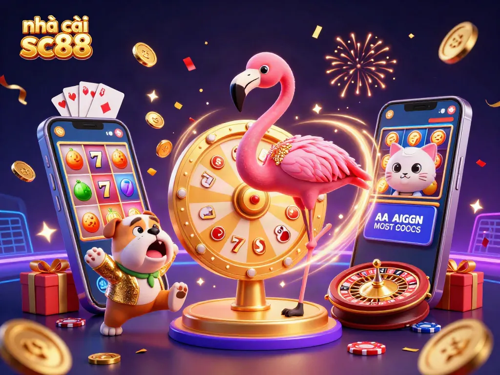 Engaging scene of nhà cái sc88 showcasing a vibrant cartoon game show with a flamingo, bulldog, and cat in a colorful casino atmosphere