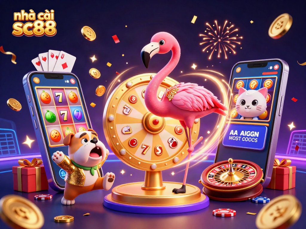 Engaging scene of nhà cái sc88 showcasing a vibrant cartoon game show with a flamingo, bulldog, and cat in a colorful casino atmosphere