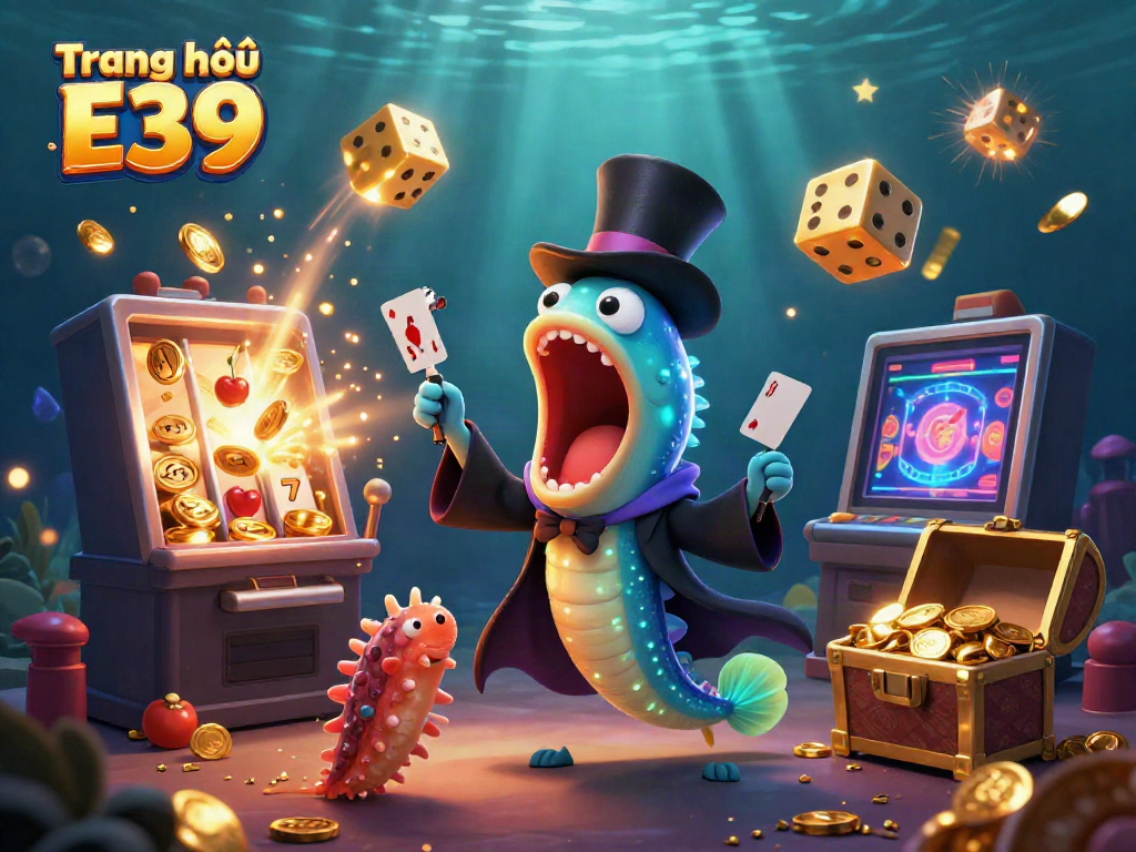 Experience the excitement at Trang chủ E39 with a vibrant underwater casino scene showcasing unique characters and jackpot elements.