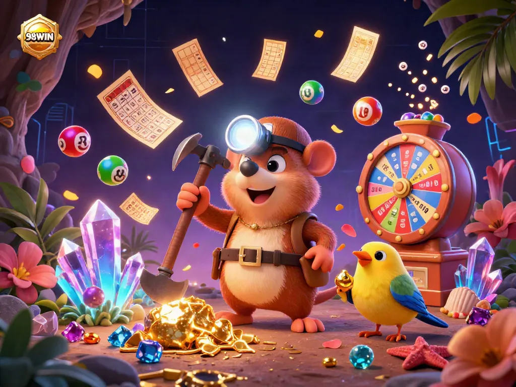 Experience exciting moments at 98WIN with a treasure hunter mole and vibrant lottery elements.
