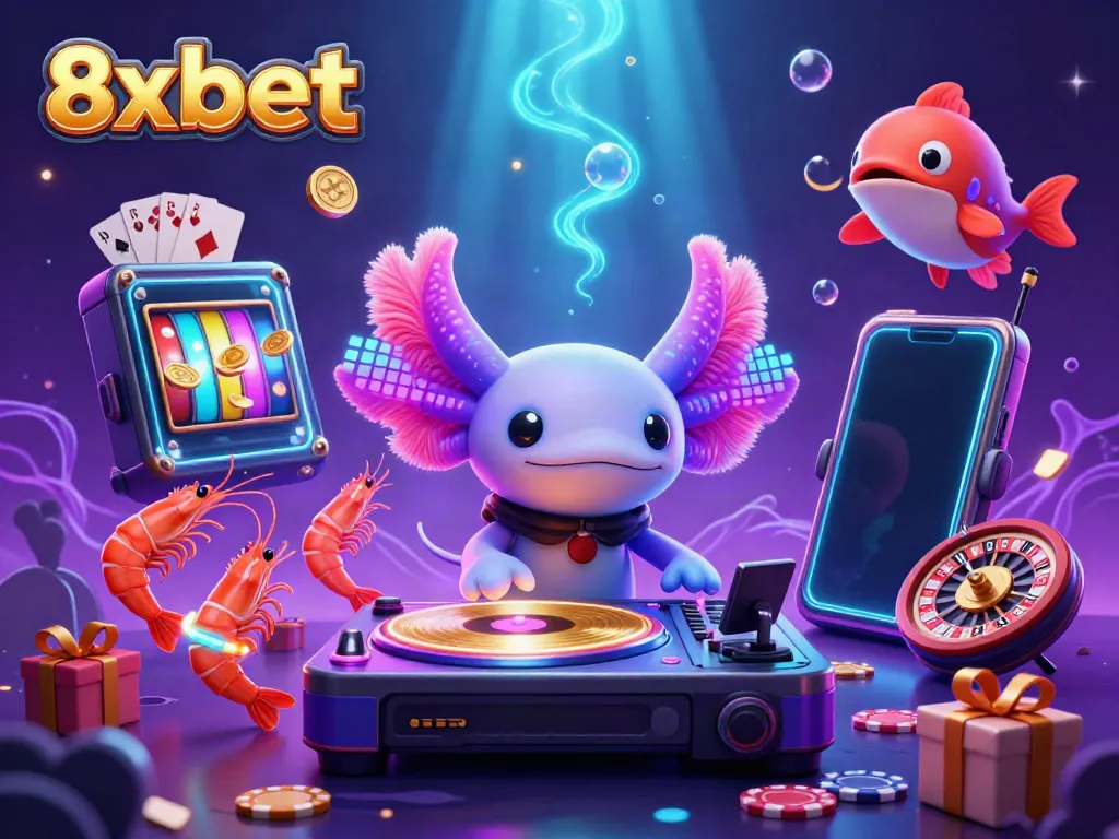 Engage with 8xbet's vibrant casino scene featuring interactive games and animated characters.