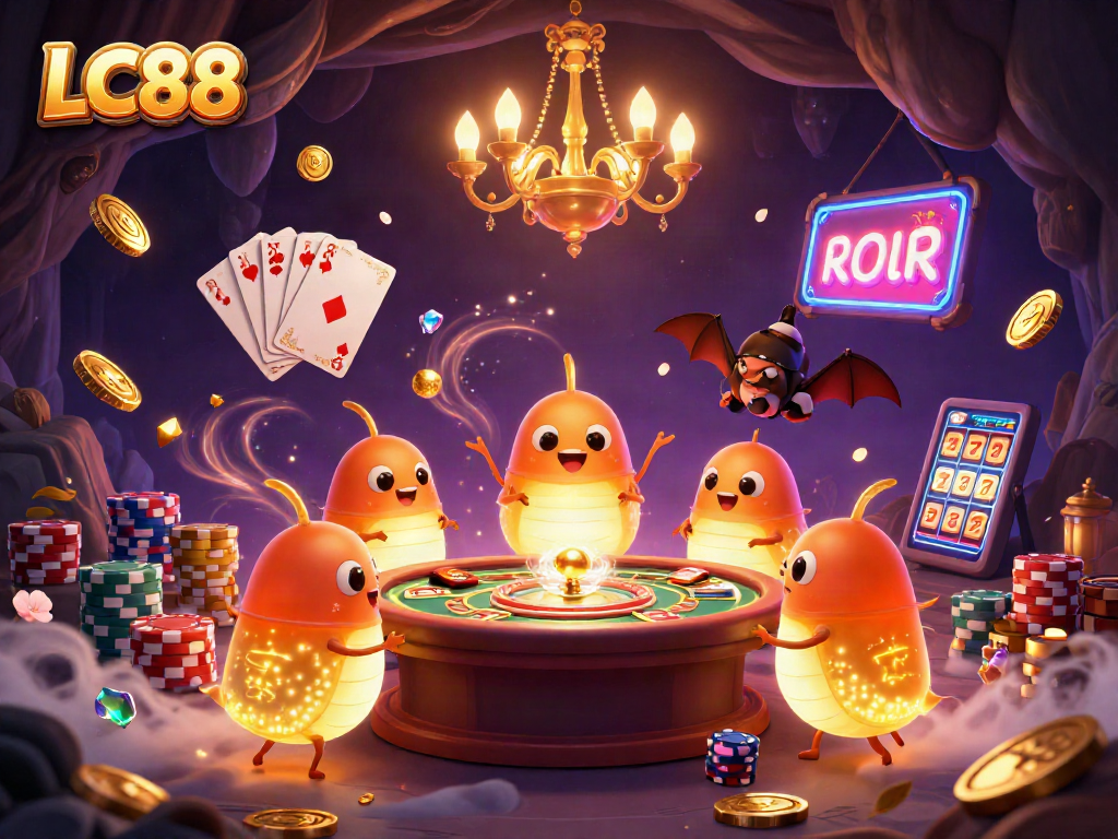LC88 casino scene with glowworms lighting up a vibrant cave, showcasing a bat dealer and exciting games.