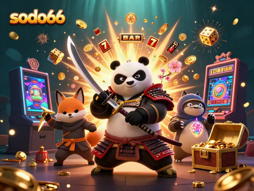 Join the excitement at SODO66 with a vibrant 3D illustration of samurai panda and ninja fox amidst a jackpot explosion