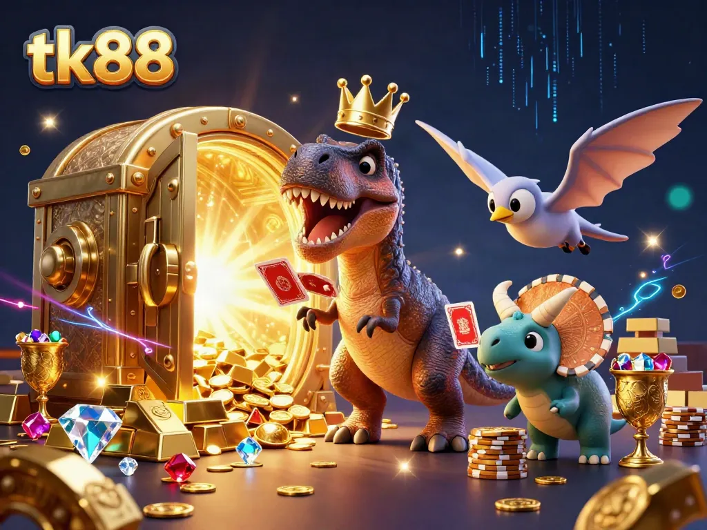 Engaging scene with tk88 brand featuring cute dinosaurs playing cards and stacking chips in a vibrant casino.