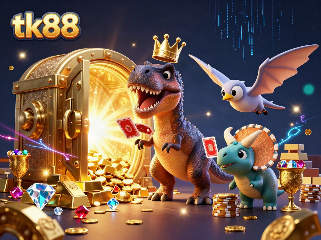 Engaging scene with tk88 brand featuring cute dinosaurs playing cards and stacking chips in a vibrant casino.