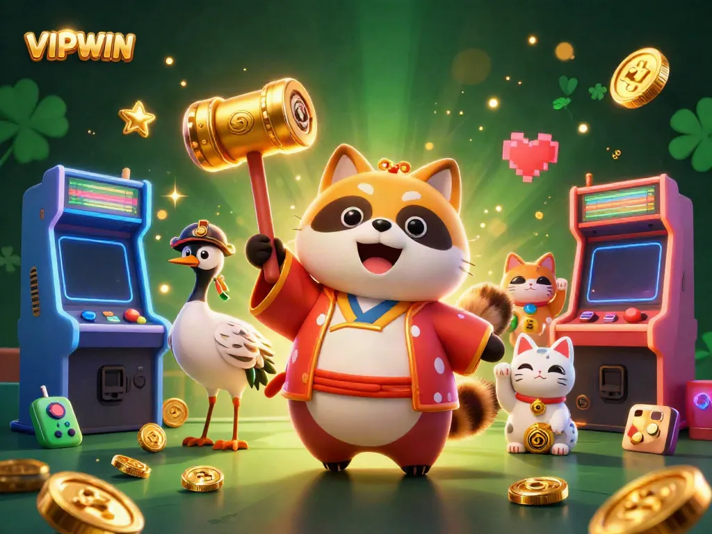 Experience the excitement of VIPWIN as the cheerful tanuki and friends celebrate jackpots in a vibrant casino