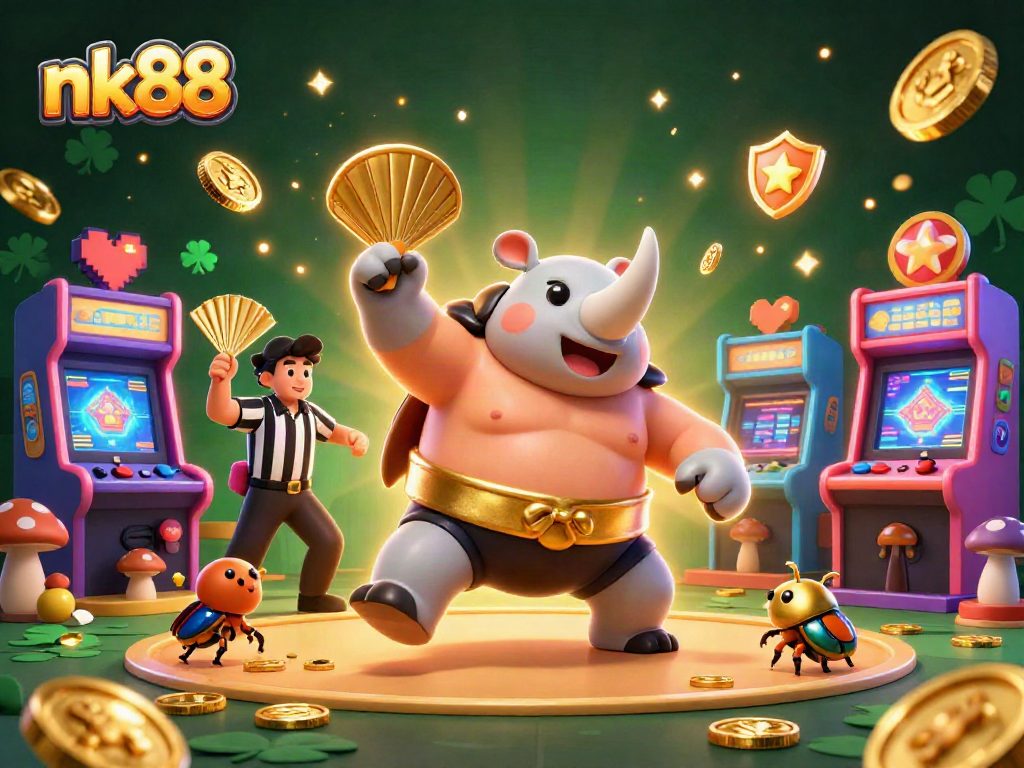 Experience the excitement of nk88 as a rhinoceros beetle champion stirs golden coins in this vibrant casino scene.